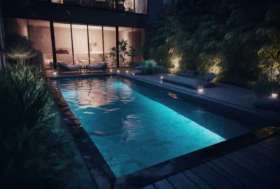 Empty rectangular blue swimming pool with sunbeds. Modern luxury pool evening view. Chill out summer vacation in luxury resorts concept. Generative AI illustration